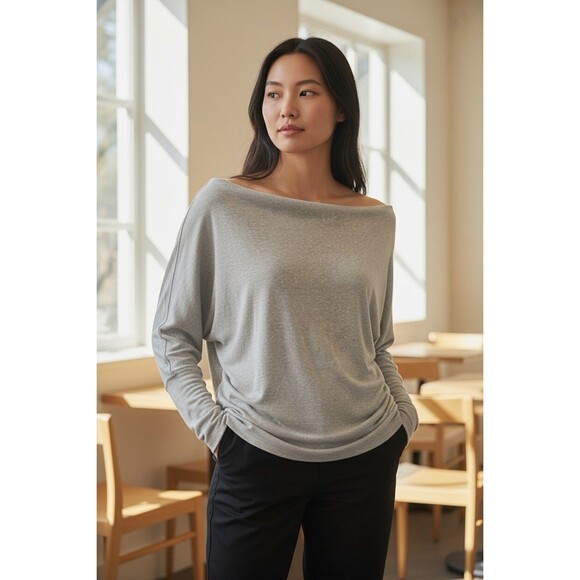 We The Free Tops - Free People We The Free Slouchy Gray Boat Neck Dolman Sleeve Pullover Top Sz M